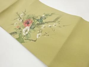 縮緬地金彩手描き枝葉に花模様名古屋帯